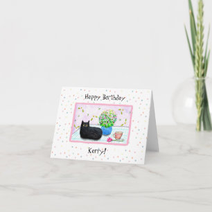 Customizable Cute Black Cat with Flowers birthday Card