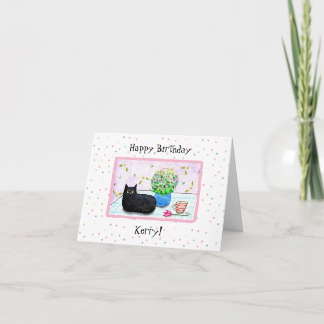 Customizable Cute Black Cat with Flowers birthday  Card (Front)