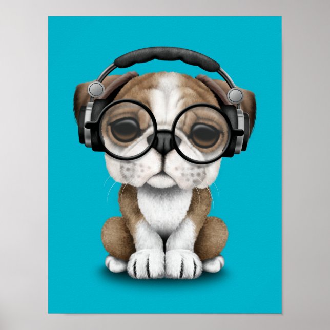 Customizable Cute Bulldog Puppy Dj with Headphones Poster (Front)