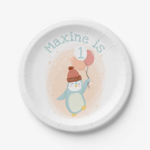 Customizable Cute Pastel Penguin with Balloons Paper Plate
