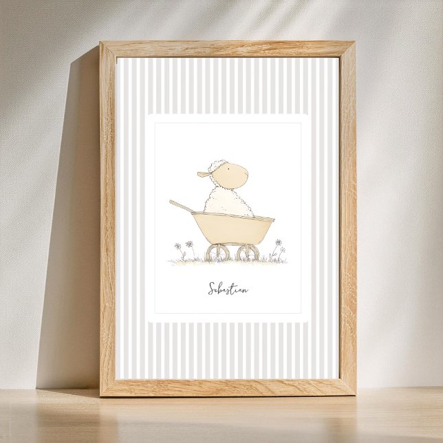 Customizable Cute Sheep Nursery Poster - Stripes (Custom name cute animal poster with vintage stripes)