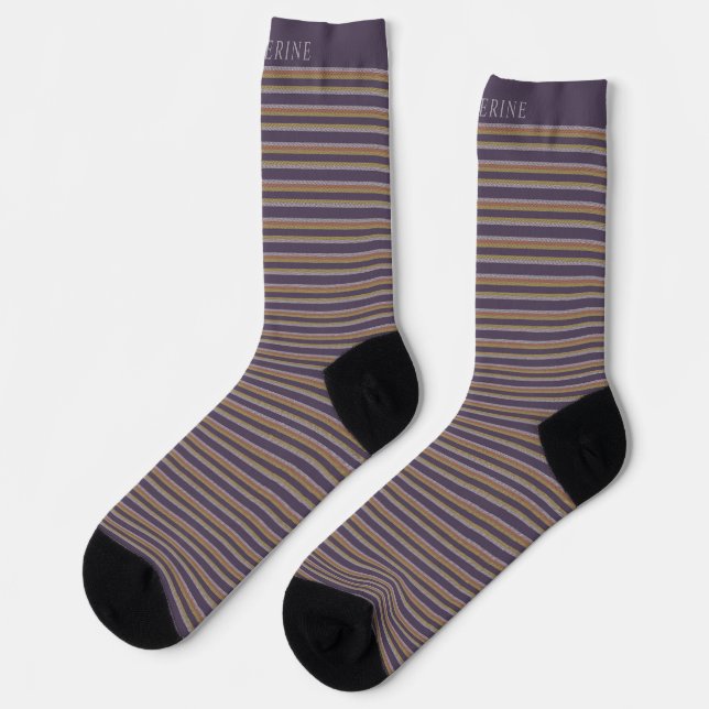 Customizable Dark Plum Purple Grey Stripes Socks (Left)