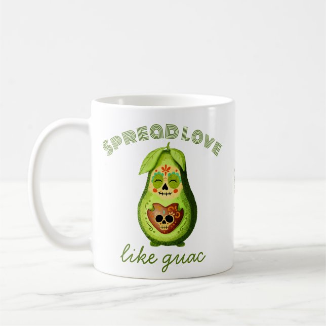 Customizable Dia de los Muertos Avocado Character Coffee Mug (Left)