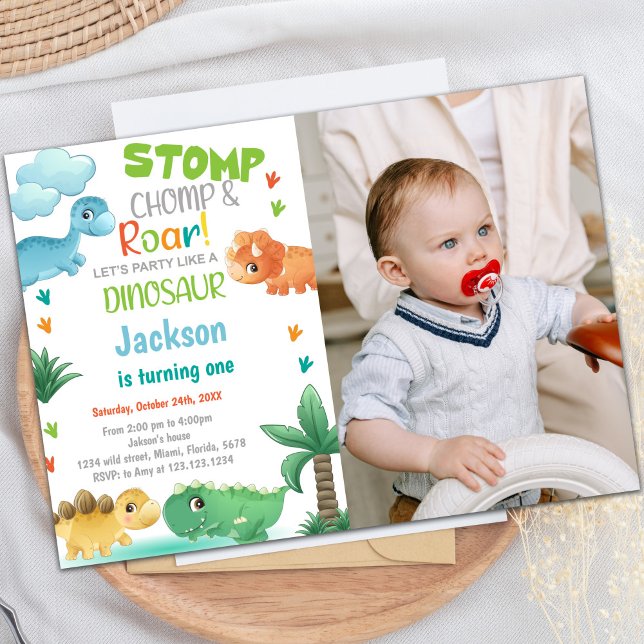 Customizable Dinosaur Party Invitations for Kids (Photo Green Dinosaur Birthday Invitations)