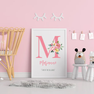 Customizable Elegant Pink Floral Monogram Initial Poster
