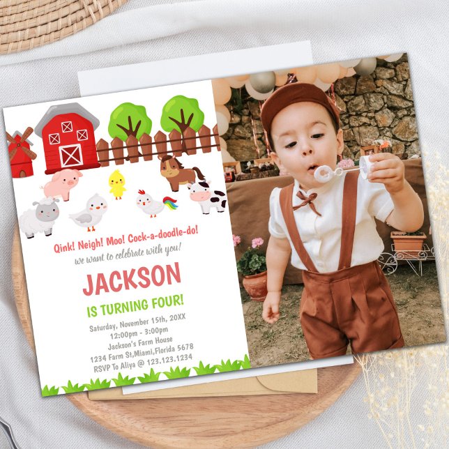 Customizable Farm Party Invitations for Kids (Red Farm Birthday Invitations with photo)