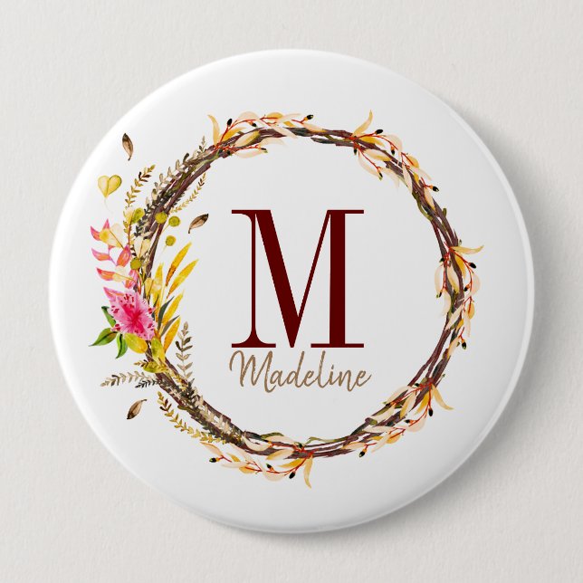 Customizable Floral Monogram Autumn Foliage 10 Cm Round Badge (Front)
