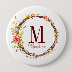 Customizable Floral Monogram Autumn Foliage 10 Cm Round Badge