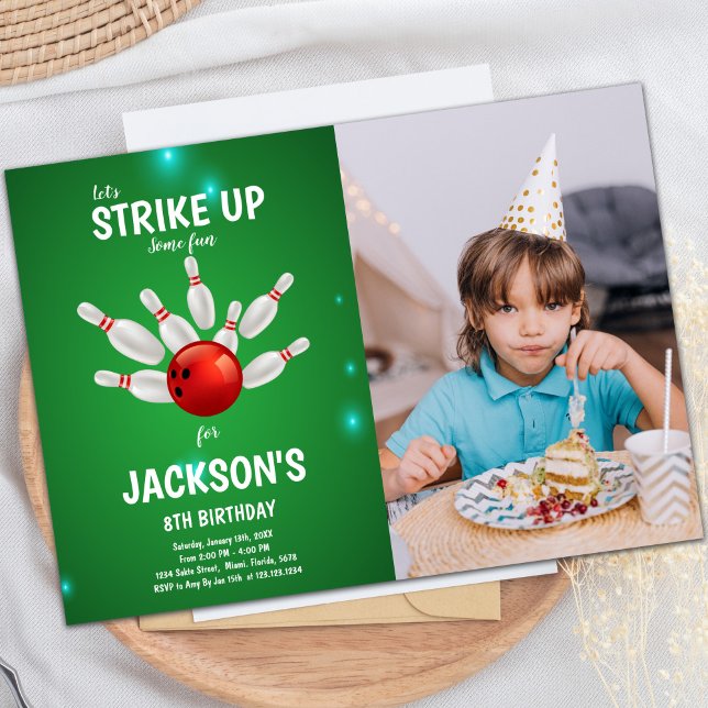 Customizable Fun Party Invitations for Kids (Green Background Bowling Birthday Invitations phot)