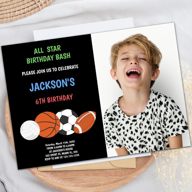 Customizable Fun Party Invitations for Kids (Green Birthday Sports Invitations with photo)
