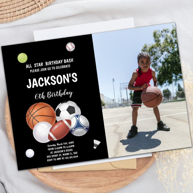 Customizable Fun Party Invitations for Kids (Sports Balls Sports Birthday Invitations w photo)