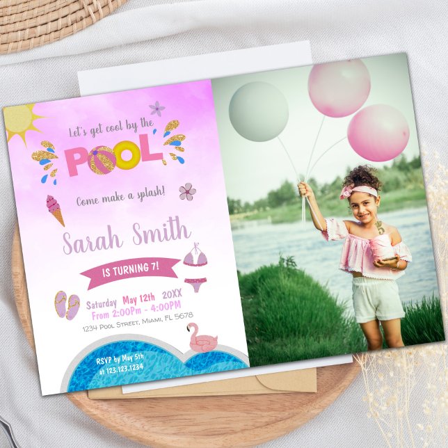Customizable Fun Pool Party Invitations for Kids (Purple Pool Birthday Invitations with photo)