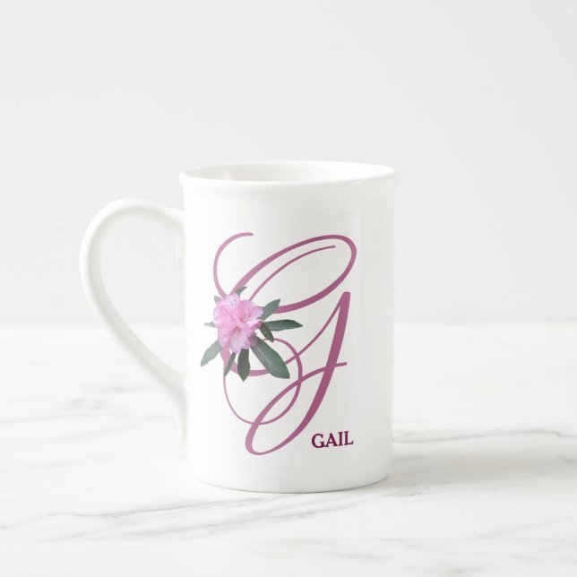 Customizable Gail name monogram pink flowers Bone China Mug (Left)