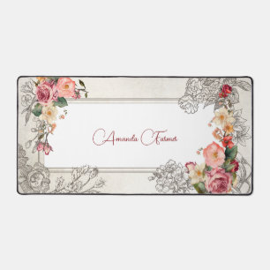Customizable Girly Vintage Pink Roses  Desk Mat