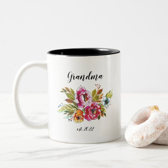 CUSTOMIZABLE Grandma Date - First time Grandma Cof Two-Tone Coffee Mug (With Donut)