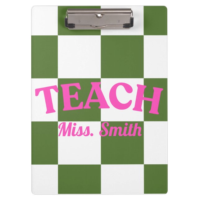 Customizable Green Checkered Teacher Clipboard  (Front)