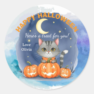 Customizable Halloween Cat Design and Pumpkins Classic Round Sticker