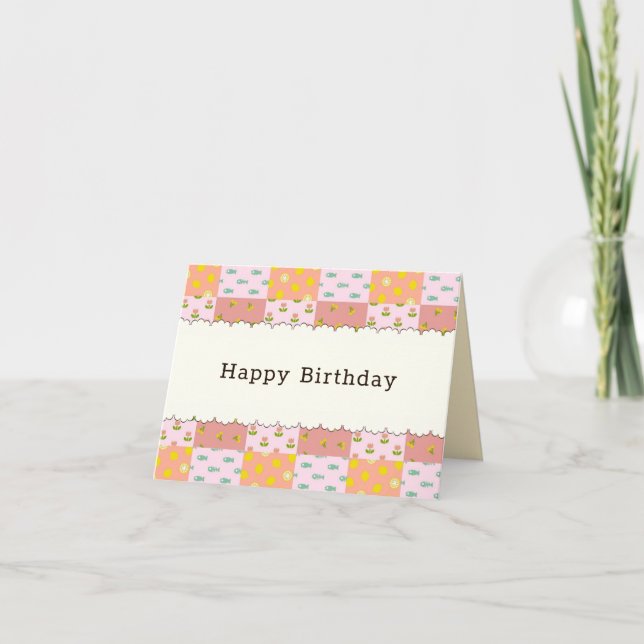 Customizable Happy Birthday Patchwork Pink Text    Card (Front)