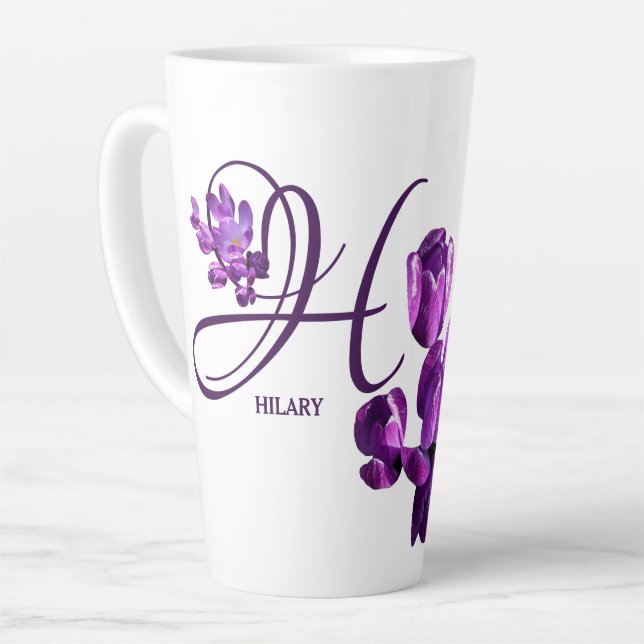 Customizable Hilary name purple floral trendy fun Latte Mug (Left Angle)