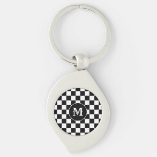Customizable Initial Black White Checkers Keychain