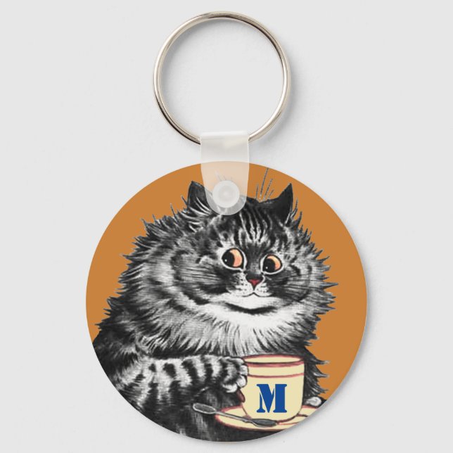 Customizable Initial, Coffee Lover Cat, Louis Wain Key Ring (Front)
