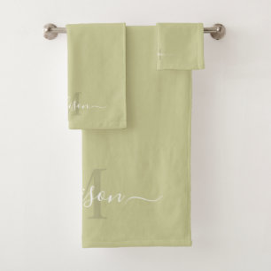 Customizable Initial & Name Dull Olive Green Bath Towel Set
