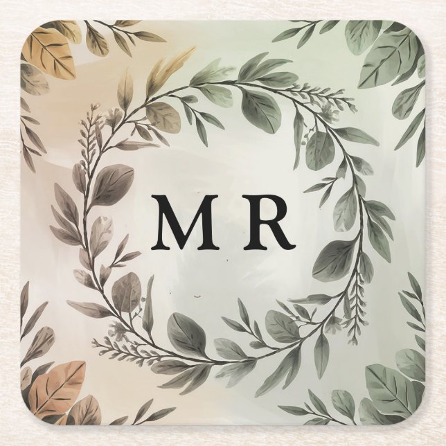 Customizable Initials Wreath - Elegant Monogram Square Paper Coaster (Front)