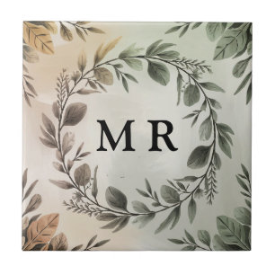 Customizable Initials Wreath - Elegant Monogram Tile