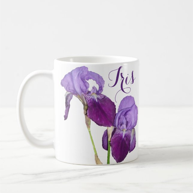 Customizable Iris girl name purple spring flowers Coffee Mug (Left)