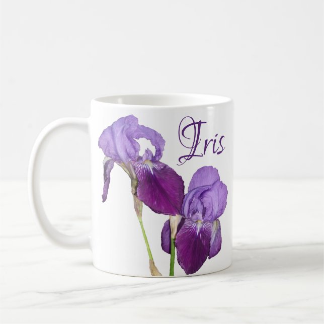 Customizable Iris girl name purple spring flowers Coffee Mug (Left)