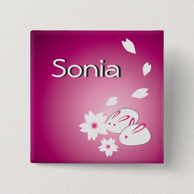 Customizable Japanese Snow Rabbits and Sakura 15 Cm Square Badge (Front)