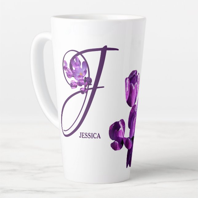 Customizable Jessica name purple flowers boho Latte Mug (Left Angle)