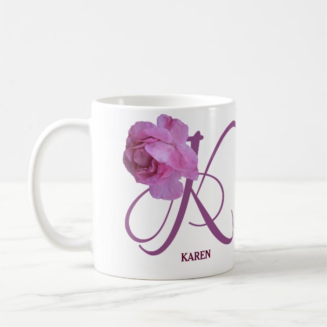 Customizable Karen name monogram pink rose floral Coffee Mug (Left)