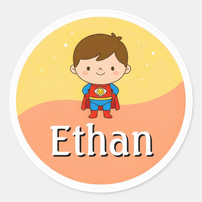 Customizable Kids Name Sticker – Smiley Superhero (Front)