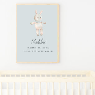 Customizable Light Blue Pink Bunny Nursery Poster