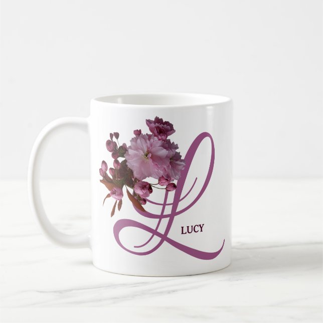 Customizable Lucy name pink rose flowers trendy  Coffee Mug (Left)