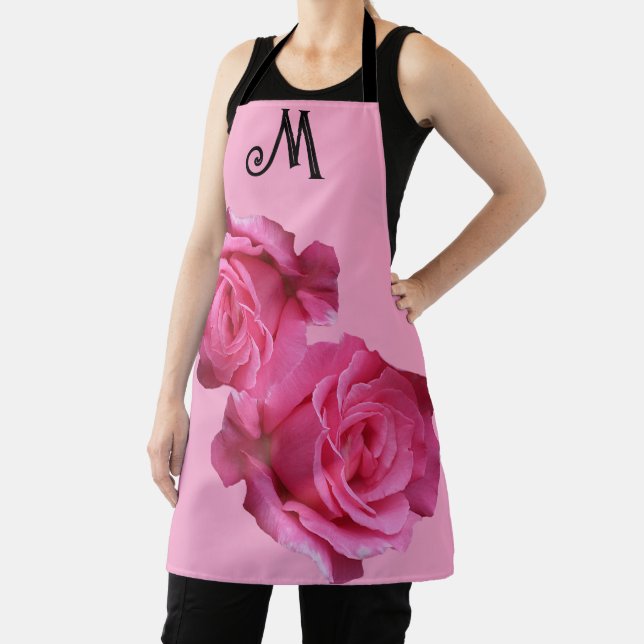 Customizable M monogram pretty pink rose floral Apron (Insitu)