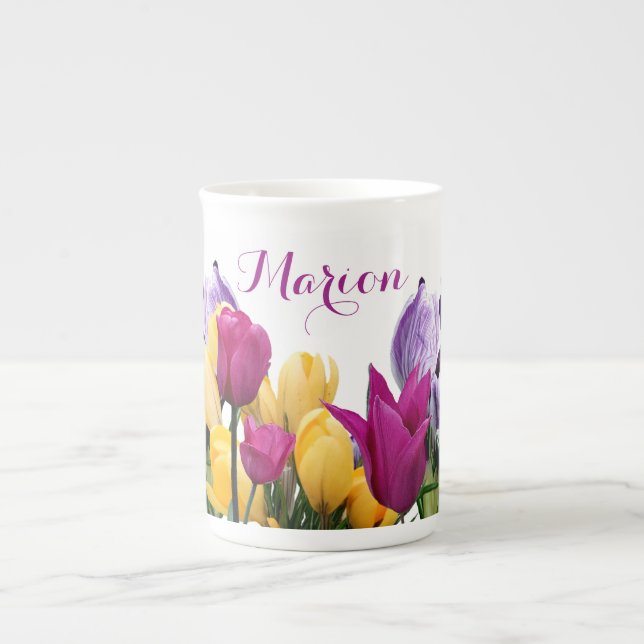 Customizable Marion name colourful spring flowers Bone China Mug (Front)