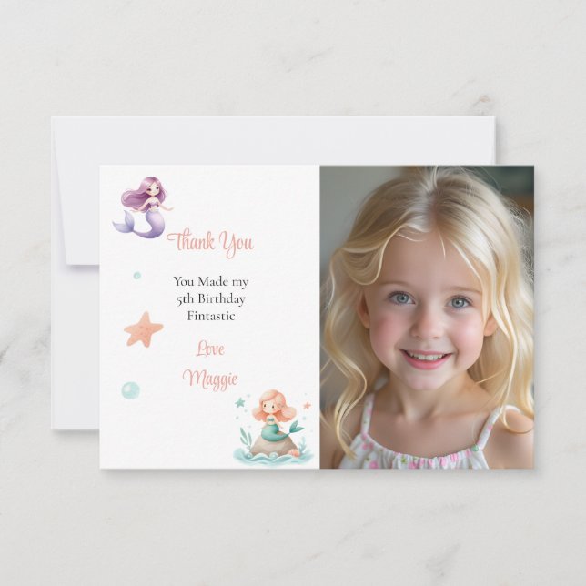 Customizable Mermaid Birthday Photo Thank You Card (Front)