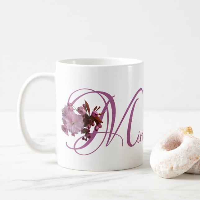 Customizable Miriam name pink cherry blossom boho Coffee Mug (With Donut)