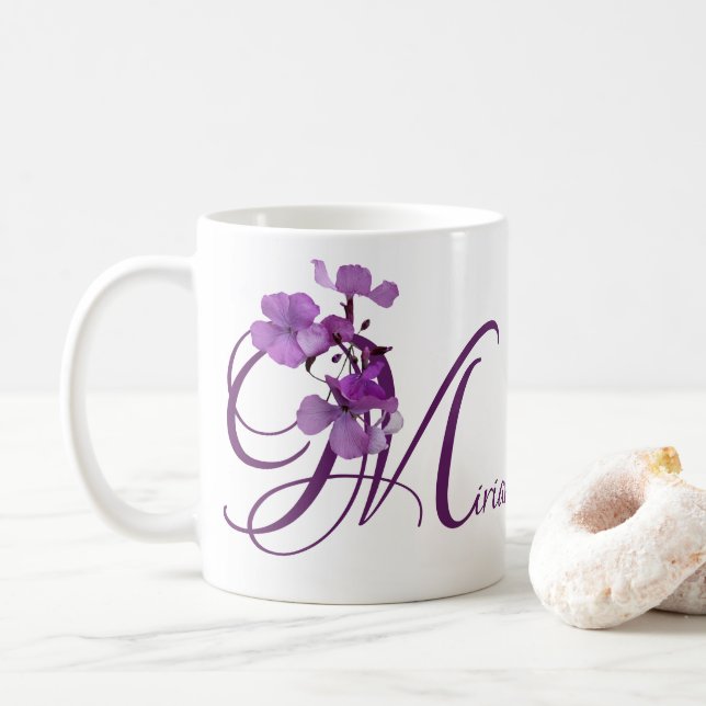 Customizable Miriam name purple flowers floral Coffee Mug (With Donut)