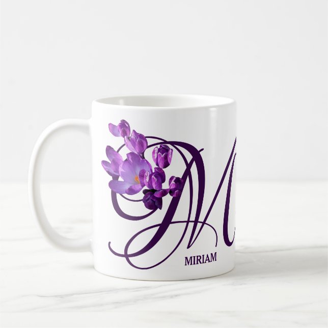 Customizable Miriam name purple flowers monogram Coffee Mug (Left)