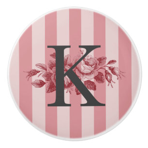 Customizable Monogram Pink Stripes Cabbage Roses Ceramic Knob