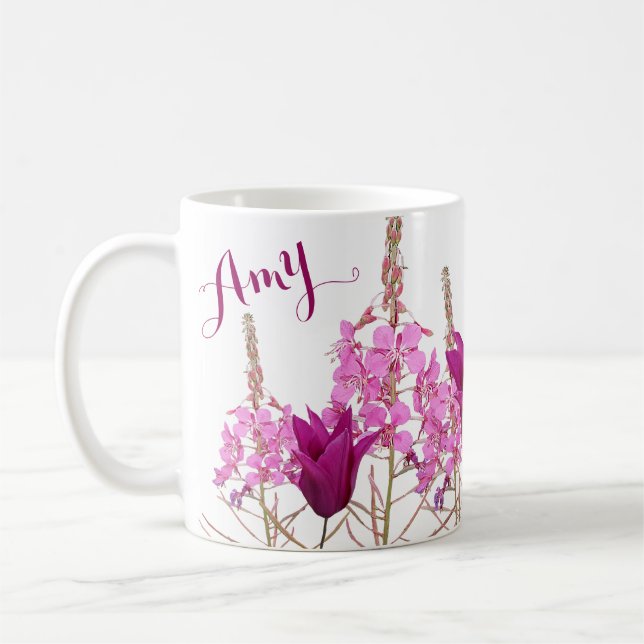 Customizable name Amy pink flowers boho floral fun Coffee Mug (Left)