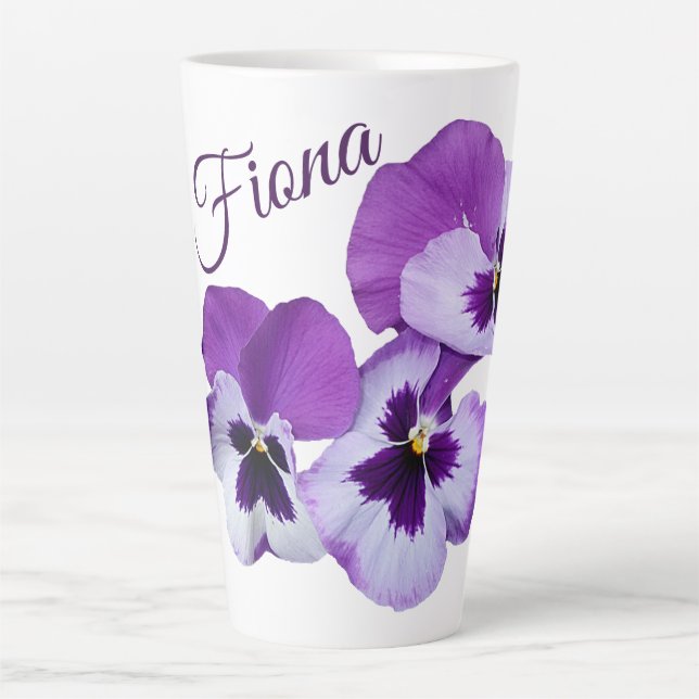 Customizable name Fiona purple pansy flowers fun Latte Mug (Front)