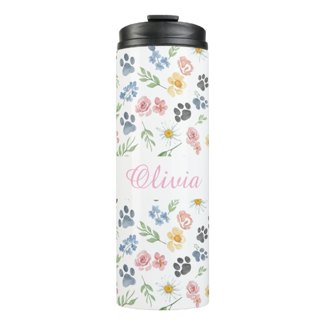 Customizable Name Floral Paw Print Thermal Tumbler (Front)