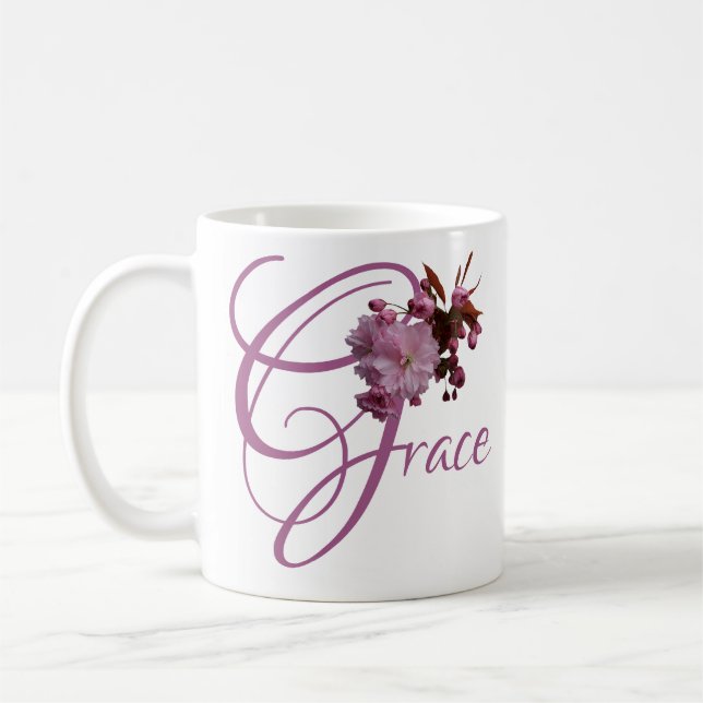 Customizable name Grace pink cherry blossom boho Coffee Mug (Left)