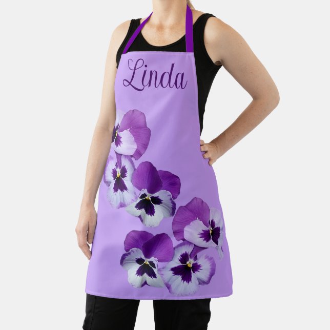 Customizable name Linda pretty purple floral cute  Apron (Insitu)