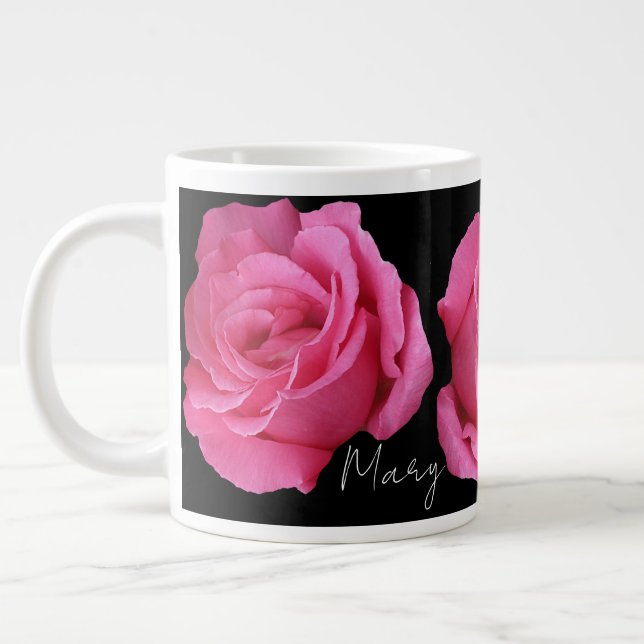 Customizable name Mary pretty pink rose floral Large Coffee Mug (Left)