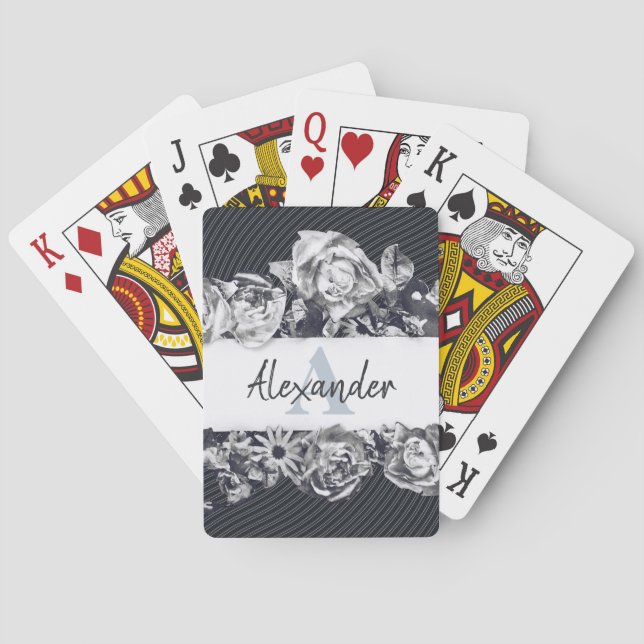 Customizable Name Navy Roses Stylish Chic Monogram Playing Cards (Back)